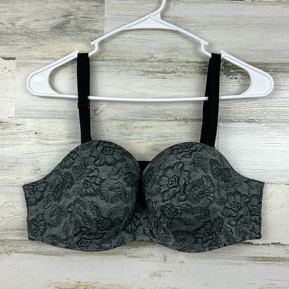 Cacique womens 38C gray black floral multi way strapless bra removable straps - Picture 1 of 8